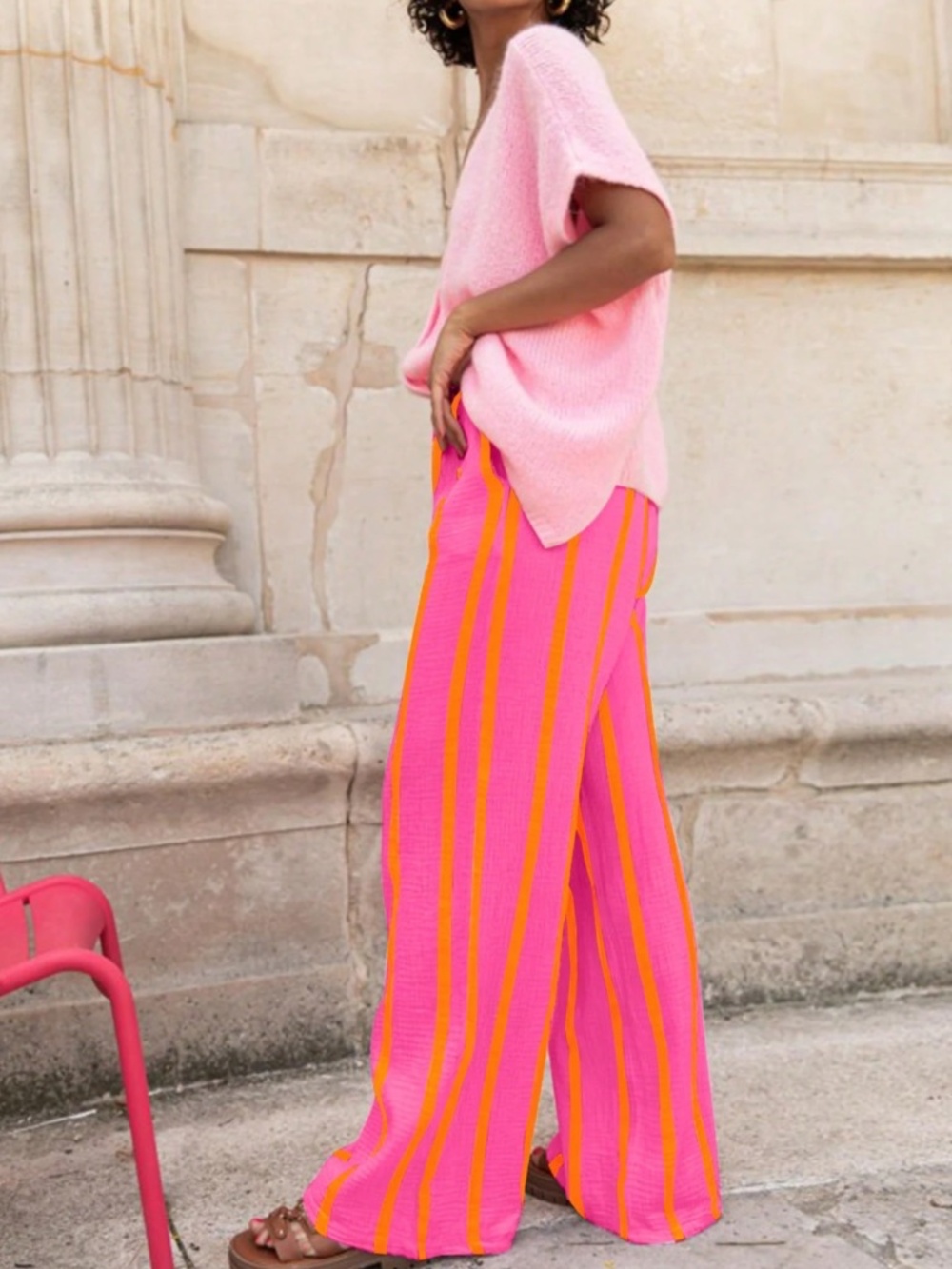 Pink Wide Trousers with Yellow Stripes Elastic Waist Flowy and Light - Picture 4 of 6